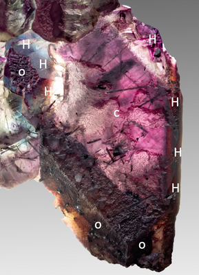Complex fluorite crystals from Erongo, Namibia, 9 cm, backlit, labelled