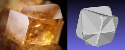 Contrasting a natural fluorite twin (Jiangjungou Mine, China) with, at right, its ideal equivalent (model shown in meshlab).