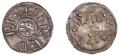 Danelaw, Penny, after Alfred the Great's Two Line type, copying Mercian dies, Eadwald, lfred re+ irregularly spaced