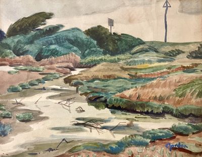 Undated watercolour by Gordon showing an overcast day with strong wind to the right and what appear to be warning signs