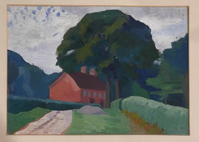 Small Jan Gordon painting showing a rack leading to house and tree 