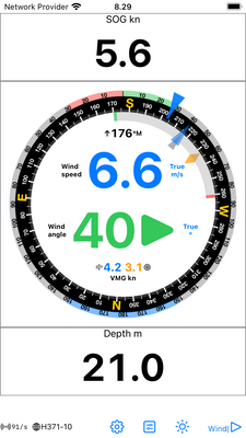 Two Data Displays and a Wind Display on a vertical phone screen