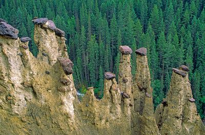 Boulders form protective caps at the Leanchoil hoodoos Yoho National Park Alberta Canada