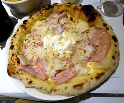Ozio - Pizza Mortadelina (with Ricotta Cream with Almonds, Mozzarella, Mortadella Pistachio, Heart of Burrata, Grana Padano)