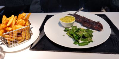 Brasserie Lazare - Pan-fried Hanger Steak with Peppers, Barnaise Sauce, French Fries