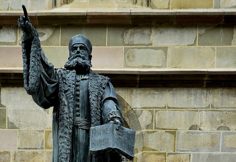 Johannes Honterus 1498-1549 statue, teacher, author, founder of first printing press and college in Brasov. 
