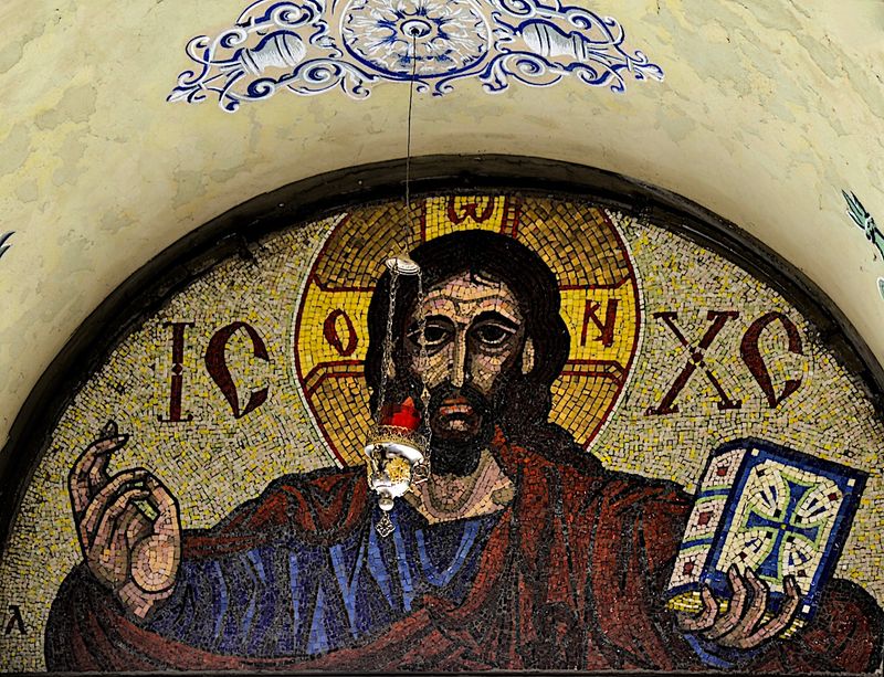 Romanian Orthodox Church entry corridor mosaic  