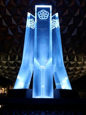 Spaceship Earth and sculpture - light show