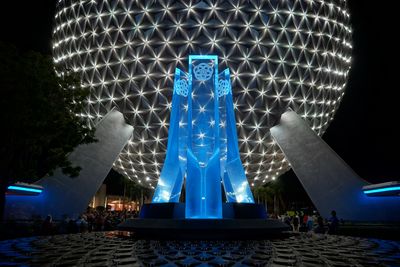 Spaceship Earth and sculpture - light show