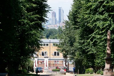Looking down the cemetery to the main gate and London beyond.