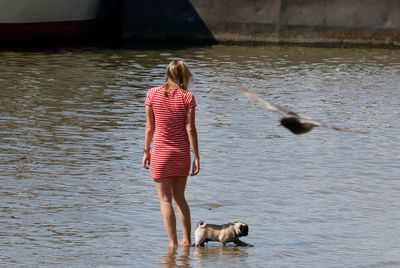 A young lady takes her dog for a walk to cool down