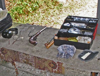 Ready to shoot a Le Page .38 black powder pistol