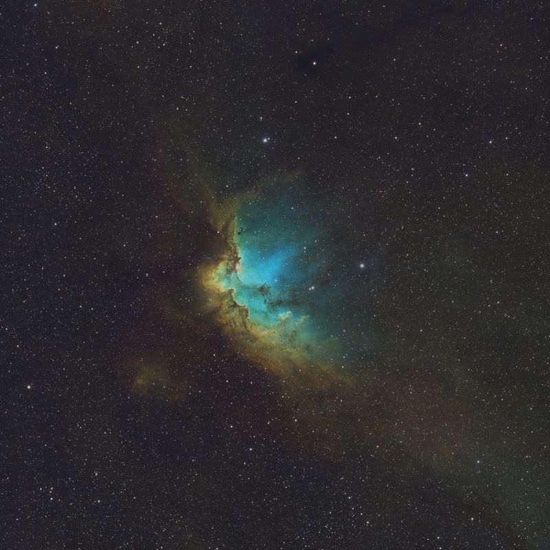 The Wizard Nebula in Hubble Palette SHO center crop 50% resolution