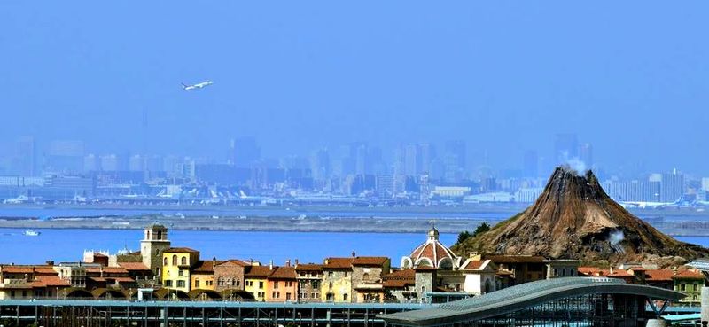 Disney Sea Volcano, With Skymark Airplane Taking Off, Haneda Airport