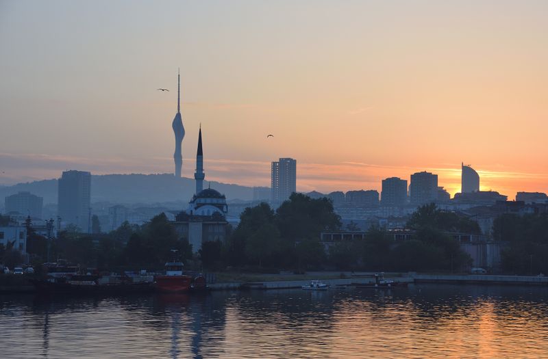 Istanbul in the morning haze, view from the ferry