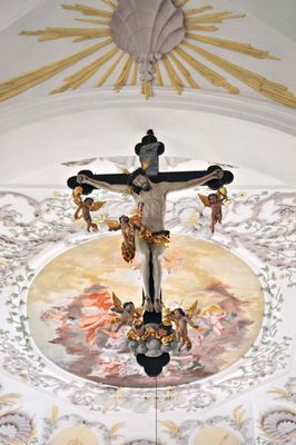 Jesus on the cross and painted ceiling