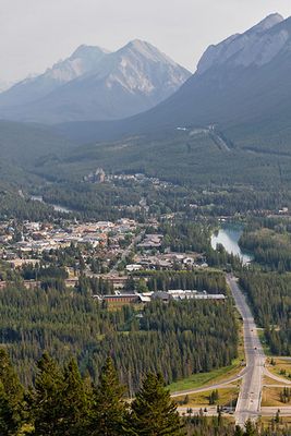 Banff, seen from Mount Norquay, with Mount Rundle behind, Sulphur Mountain to the right