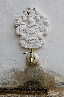 Klein Constantia coat of arms above a tap
