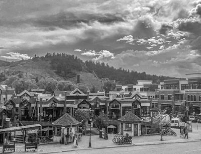 Downtown Steamboat Springs with Howelson Hill in background.