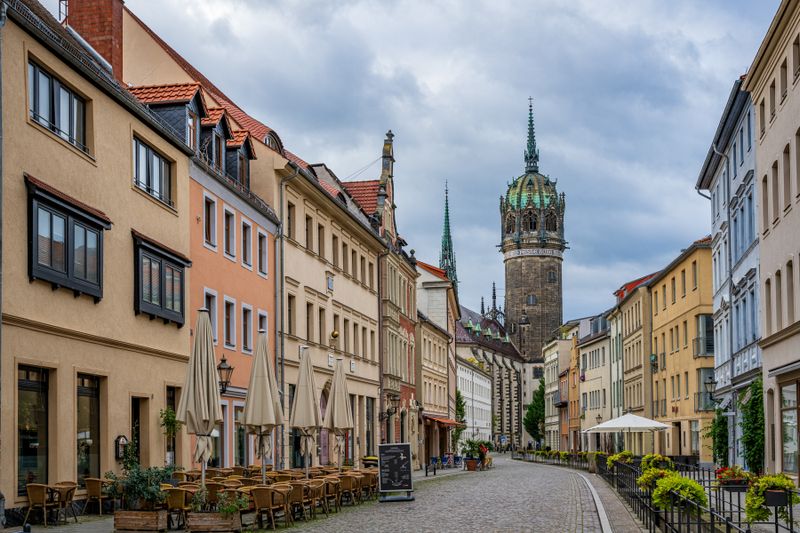 View down Castle Street toward All Saints Church where Martin Luther got his start.  Wittenberg.