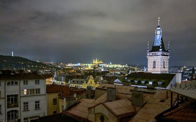 View of the Prague night skyline from our hotel rooftop