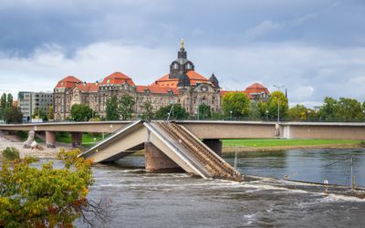 Collapsed bridge over the Elbe in Dresden