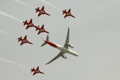 Patrouille Suisse with six F-5 E Tiger aircraft in formation with a Helvetic Embraer E190-E2