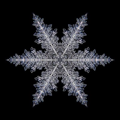 Kaleidoscopic snowflake created with a real natural frost structure