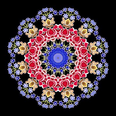 Kaleidoscopic picture created with a flower patern that was printed on a black T-shirt