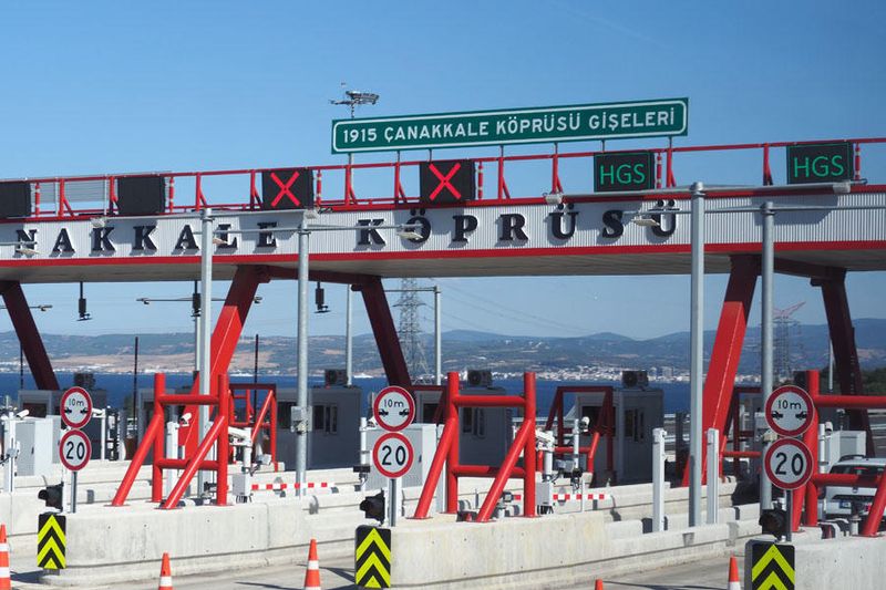 Toll booth on the 1915 Canakkale bridge across the Dardenelles Strail