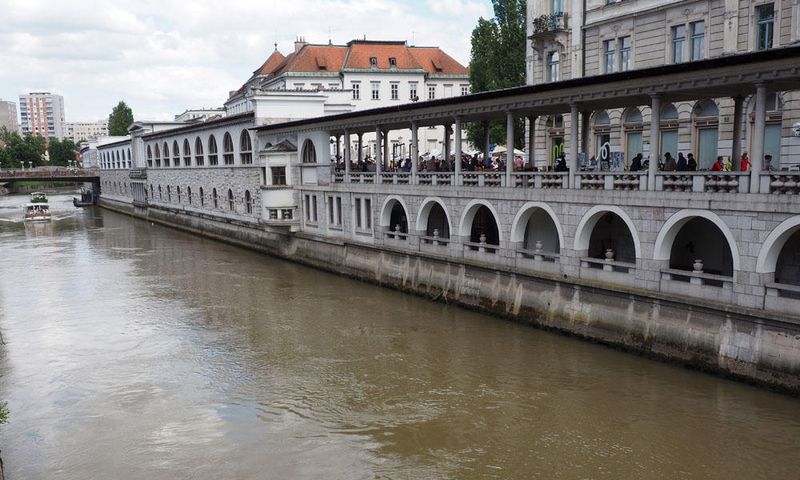 Ljubljana Central Market across the Ljubljana river