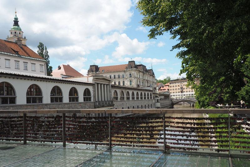 The Dragon Bridge (Zmajski most) over Ljubljana river and Ljubljana Central Market
