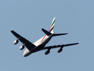 Emirates Airlines A380 headed into Dulles airport