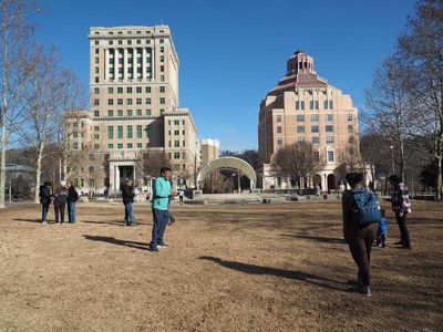 Buncombe County Courthouse and Asheville City Hall behind Pack Square park