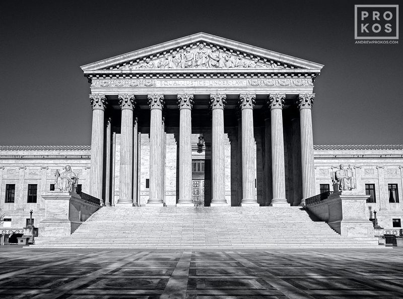 Black and white fine art print of the U.S. Supreme Court from the Washington DC photo gallery of fine art photographer Andrew Prokos. Captured via film photography. 