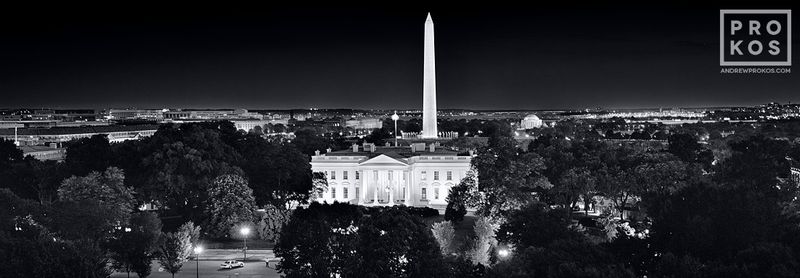 Black and white fine art print of the White House at night from the Washington DC photo gallery of fine art photographer Andrew Prokos. Captured via panoramic film photography. 