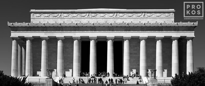 Panoramic black and white fine art photograph of the Lincoln Memorial from the Washington DC photo archive of architecture photographer Andrew Prokos. Captured via panoramic film photography. 