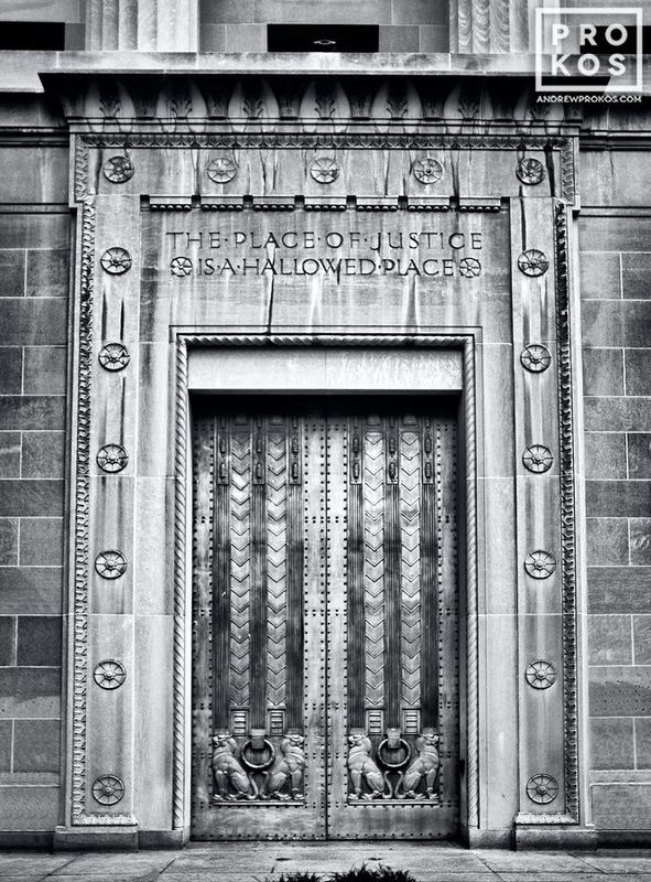 Black and white architectural print of the Art Deco Portal at the U.S. Justice Department from the Washington DC framed prints gallery of fine art photographer Andrew Prokos. Captured via B&W film photography. 