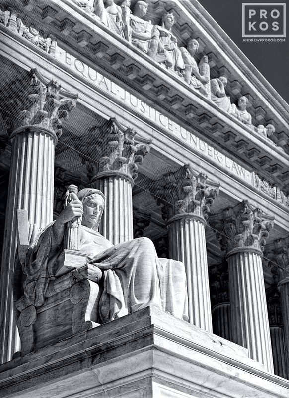 Black and white architectural print of the U.S. Supreme Court from the Washington DC framed prints gallery of fine art photographer Andrew Prokos. Captured via B&W film photography. 