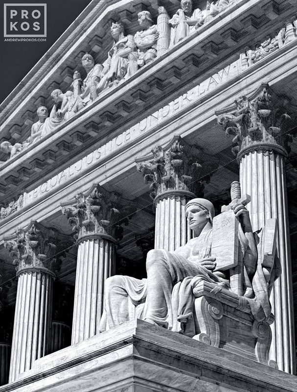 Black and white framed art print of the U.S. Supreme Court from the Washington DC photos gallery of fine art photographer Andrew Prokos. Captured via film photography. 