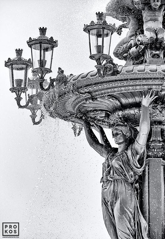 Black and white architectural print of the Bartholdi Fountain from the Washington DC framed print gallery of black and white photographer Andrew Prokos. 