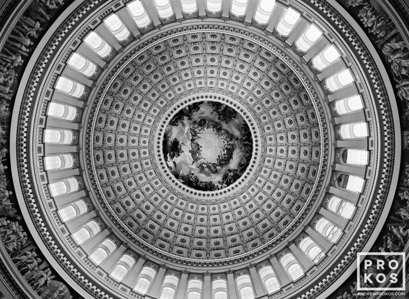 Black and white fine art photography prints of the US Capitol Rotunda Interior from the Washington DC framed prints gallery of architectural photographer Andrew Prokos. Captured via black and white film photography. 