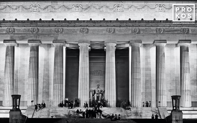 Black and white fine art photography of the Lincoln Memorial from the Washington DC photo archive of architecture photographer Andrew Prokos. Captured via panoramic film / analog photography. 