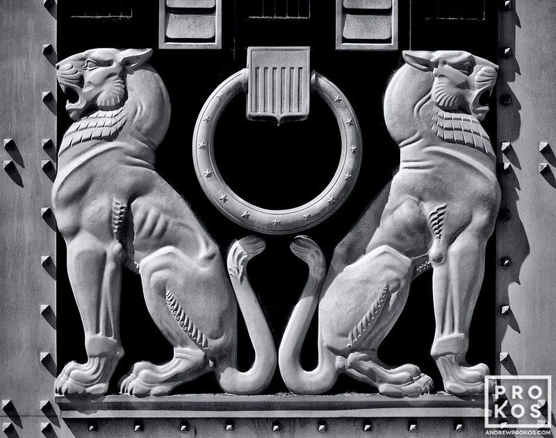 Black and white architectural print of the Art Deco Lions at the U.S. Justice Department from the Washington DC framed prints gallery of fine art photographer Andrew Prokos. Captured via B&W film photography. 