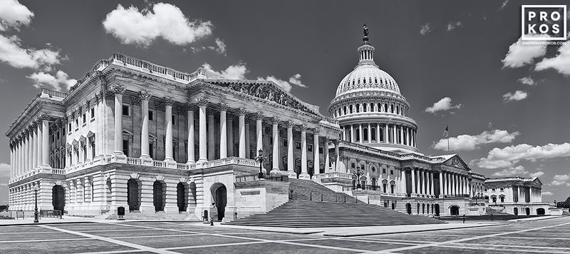 Panoramic black and white framed photography print of the US Capitol Building from the Washington DC archive of architecture photographer Andrew Prokos. High-definition images captured panoramic photography. 