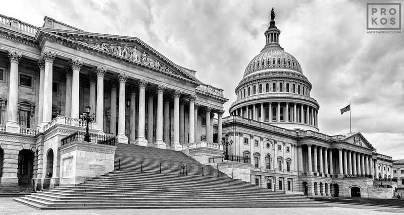 Panoramic black and white photography of the US Capitol Building exterior from the Washington DC photography gallery of architecture photographer Andrew Prokos. High-definition images captured via panoramic photography. 