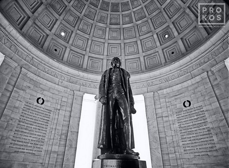 Black and white architectural interior print of the Jefferson Memorial from the Washington DC framed print gallery of fine art photographer Andrew Prokos. Captured via panoramic film photography. 