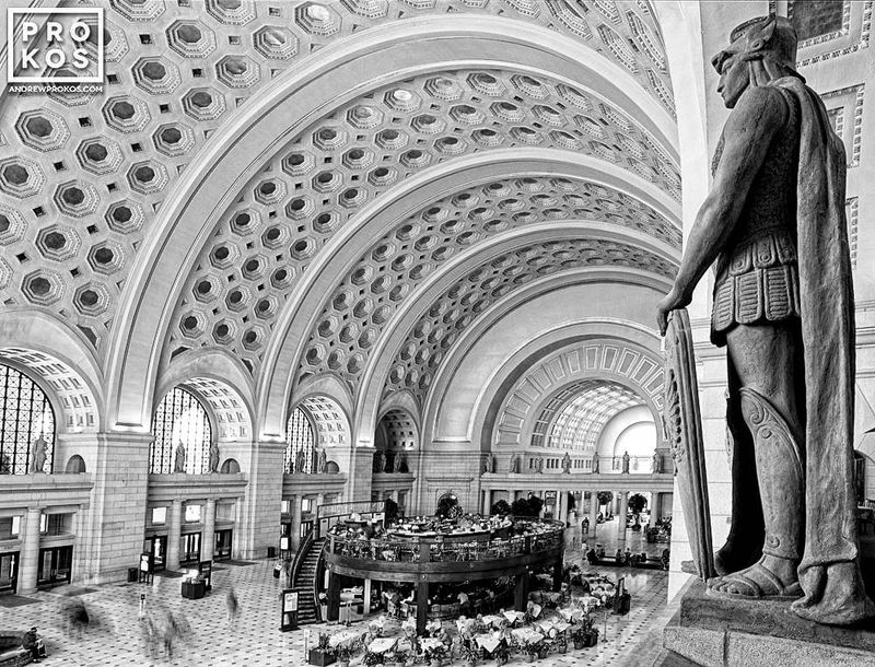 Black and white limited edition architectural prints of Union Station Interior, Washington DC from the Washington DC framed prints gallery of photographer Andrew Prokos. Captured via panoramic film photography. 