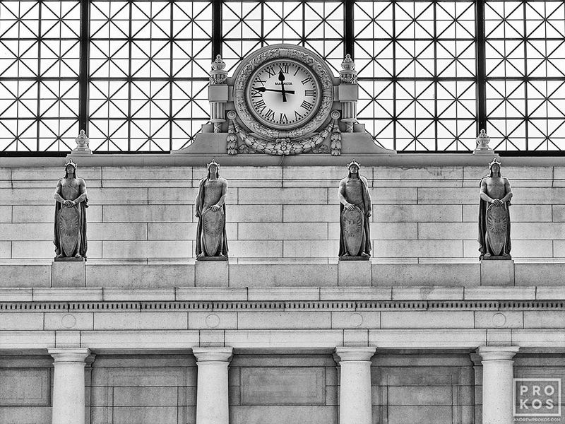 Black and white limited edition architectural prints of Union Station Clock, Washington DC from the Washington DC framed photos collection of fine art photographer Andrew Prokos. 