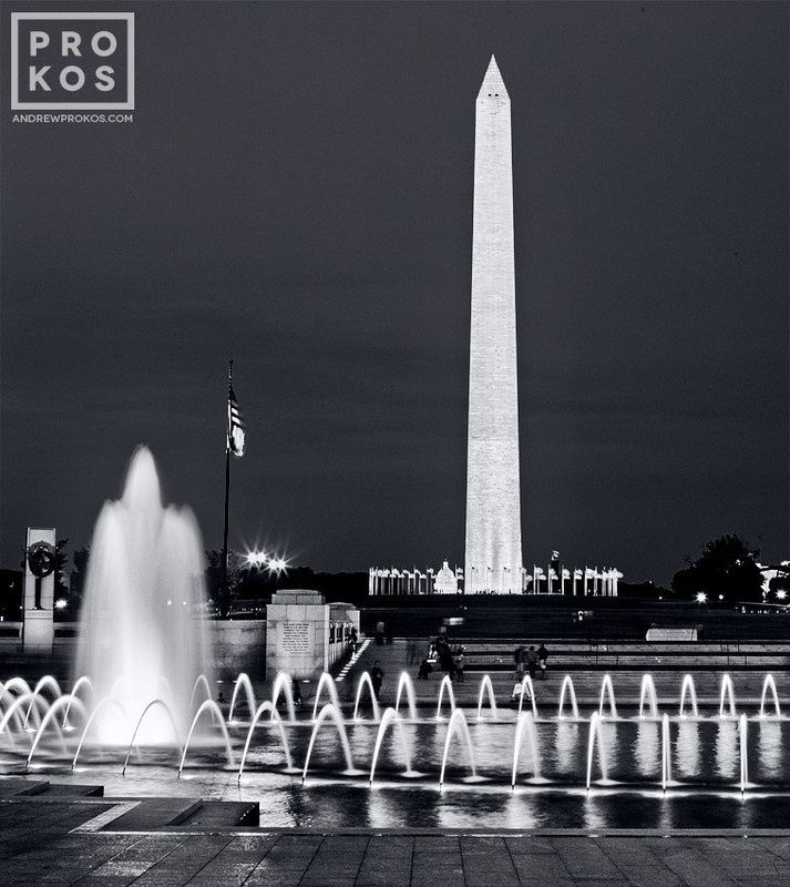 Black and white fine art prints of the DC World War II Memorial at night from the Washington DC photos archive and framed photographs by Andrew Prokos. Captured via film photography. 